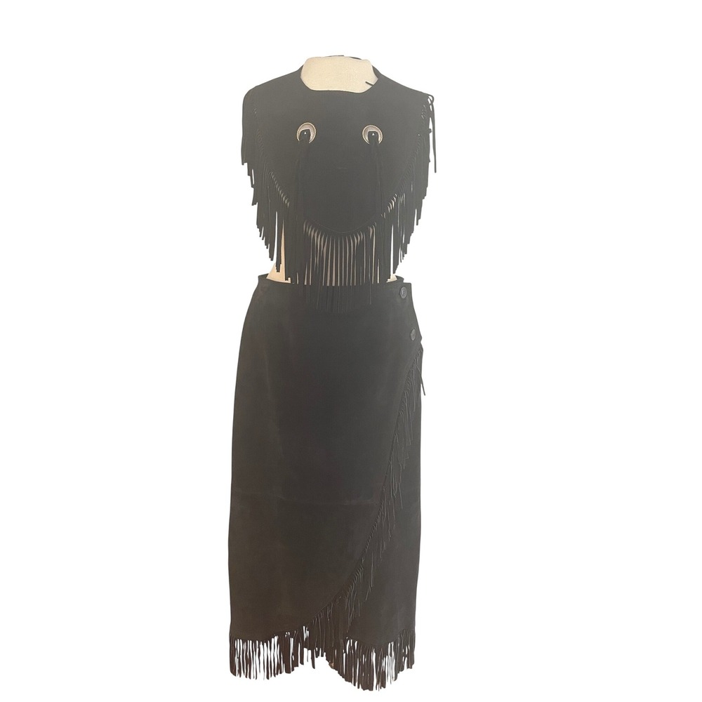 Newport News S Brand Suede Leather Skirt Set Women 4 Black Fringed Western Read